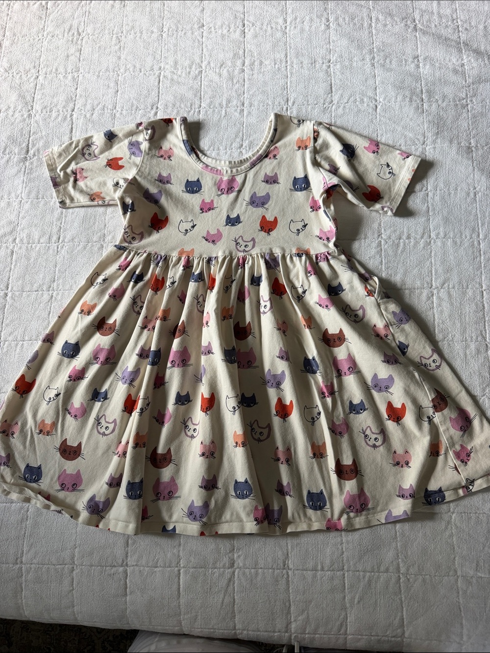 Quince Girls Cream Cat-Print Short Sleeve Dress
